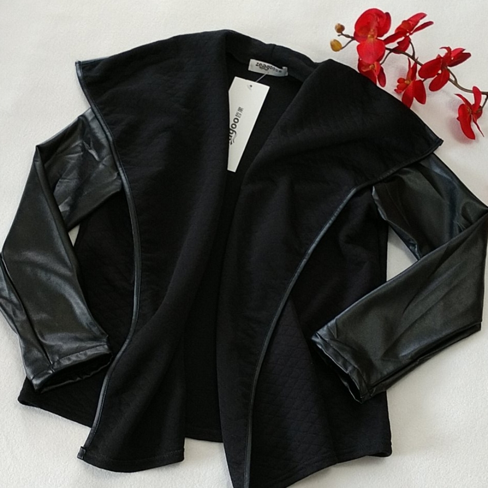 NEW Zeagoo Jacket Open Front Draping Quilted Design Vegan Leather Light Coat Sm